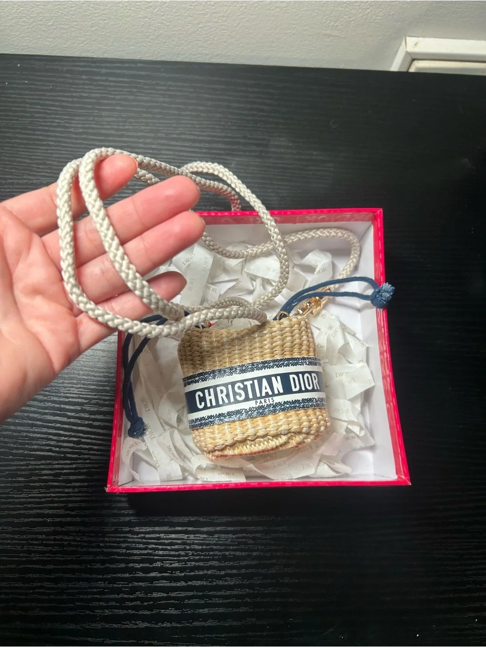 GWP Dior Straw Mini Bag with Navy Logo Band